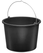 Sort plastikspand med solidt metalhåndtag, rund form, bred åbning og forstærket kant. Velegnet til rengøring, vandtransport eller husholdningsbrug.