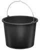 Sort plastikspand med solidt metalhåndtag, rund form, bred åbning og forstærket kant. Velegnet til rengøring, vandtransport eller husholdningsbrug.