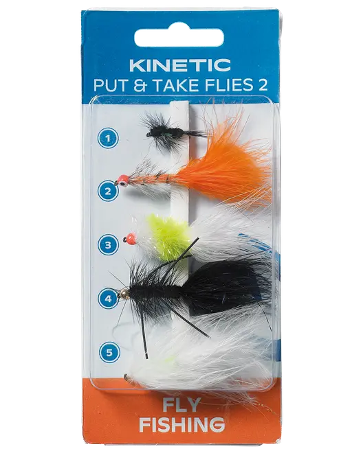 Pakke med fem forskellige fluefiskefluer med farverige fjer og kroge, designet til put and take fiskeri. Indeholder sorte, orange, gule og hvide mønstre til forskellige forhold.