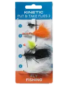 Pakke med fem forskellige fluefiskefluer med farverige fjer og kroge, designet til put and take fiskeri. Indeholder sorte, orange, gule og hvide mønstre til forskellige forhold.