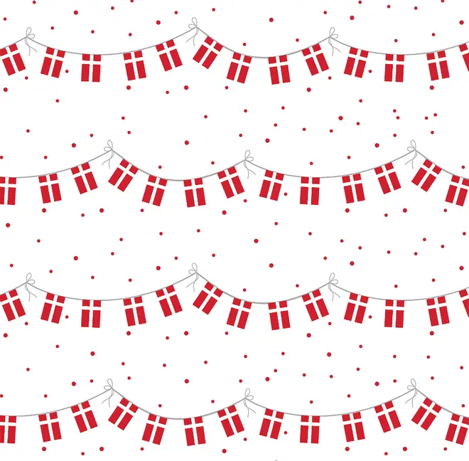 Mønstret guirlande med rækker af små dannebrogsflag på snor, med røde prikker på hvid baggrund. Perfekt til festlig pynt eller nationale fejringer.