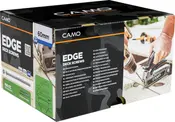 CAMO EDGE terrasseskruer, 60 mm, 700 stk., til skjult montering af terrassebrædder, i sort emballage med installationsbillede.