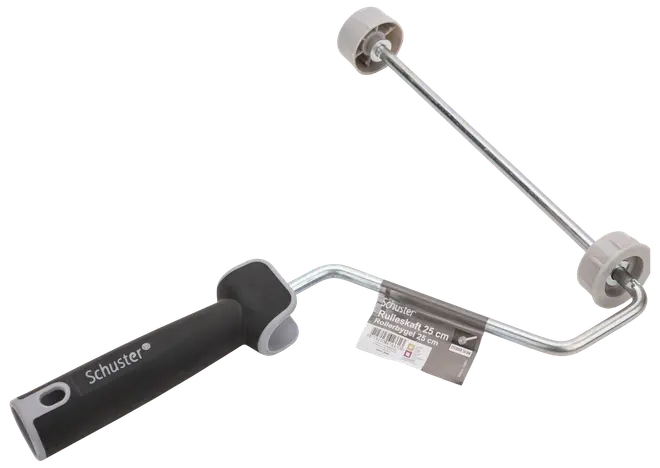 Malerrulleholder med ergonomisk sort håndtag, metalstang og to grå plastendestykker. Passer til 25 cm ruller. Mærket 'Schuster' står på håndtaget.
