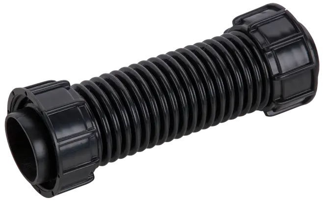 Sort fleksibel korrugeret plastslange med gevindforbindelser i begge ender, designet til VVS eller dræning. Holdbar konstruktion, egnet til vandgennemstrømning og nem installation.