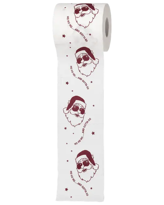Hvid toiletrulle med gentagne bordeaux julemandansigter, stjerner og teksten “Ho ho ho... and gotta go”.