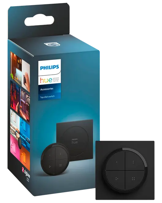 Philips Hue Tap Dial Switch i sort, med fire knapper og central drejeknap. Leveres i blå emballage med produktbilleder og branding, til smart belysningsstyring.