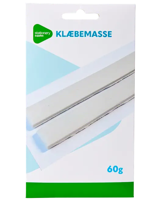 Förpackning med vita klistermassa-remsor, 60g, för uppsättning av affischer eller lätta föremål. Rektangulär kartong med blå och gröna detaljer.