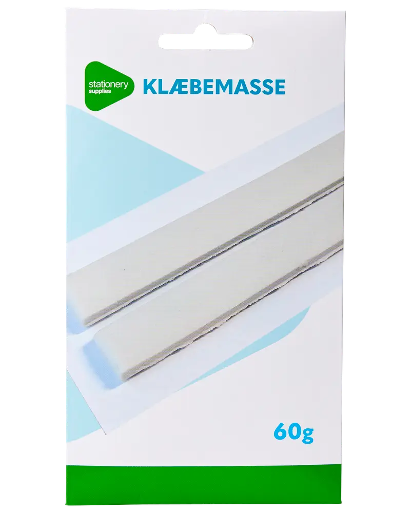 Pakke med hvide klæbemasse-strimler, 60g, til ophængning af plakater eller lette genstande. Rektangulær papemballage med blå og grønne detaljer.