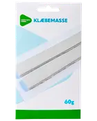 Pakke med hvide klæbemasse-strimler, 60g, til ophængning af plakater eller lette genstande. Rektangulær papemballage med blå og grønne detaljer.