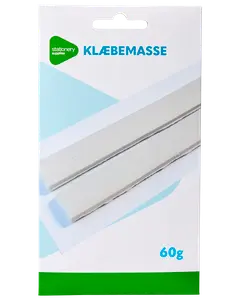 Pakke med hvide klæbemasse-strimler, 60g, til ophængning af plakater eller lette genstande. Rektangulær papemballage med blå og grønne detaljer.