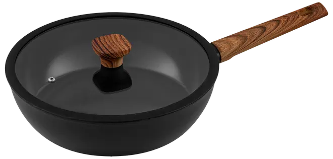 Sort non-stick stegepande med glaslåg, træhåndtag og træknop. Panden er dyb, ideel til sautering eller stegning, og har en dampventil i låget.