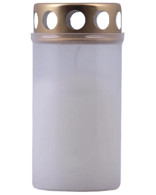 Vit gravljus i cylindrisk plastbehållare med guldfärgat lock och runda utskärningar. Passar utomhusbruk, ofta placerad vid gravar eller minnesplatser.
