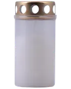 Hvid mindelys i cylindrisk plastbeholder med guldfarvet låg med runde udskæringer. Velegnet til udendørs brug, ofte placeret ved gravsteder eller mindesmærker.