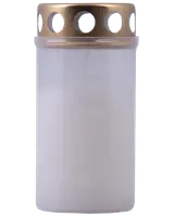 Rødt gravlys med cylindrisk plastkrop og guldfarvet metal låg med runde udskæringer, beregnet til udendørs brug på gravsteder eller mindesteder.