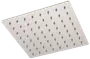 Firkantet brusehoved i rustfrit stål med fladt design og mange jævnt fordelte dyser for regnstråle. Moderne, minimalistisk stil til nutidige badeværelser.