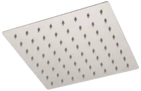 Fyrkantigt duschhuvud i rostfritt stål med platt design och många jämnt fördelade munstycken för regnstråle. Modern, minimalistisk stil för samtida badrum.