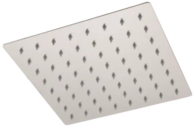 Firkantet brusehoved i rustfrit stål med fladt design og mange jævnt fordelte dyser for regnstråle. Moderne, minimalistisk stil til nutidige badeværelser.