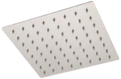 Fyrkantigt duschhuvud i rostfritt stål med platt design och många jämnt fördelade munstycken för regnstråle. Modern, minimalistisk stil för samtida badrum.