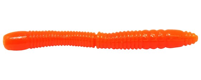 Orange ribbet blød plastik fiskelokke formet som en orm med aflang krop og tilspidset hale.