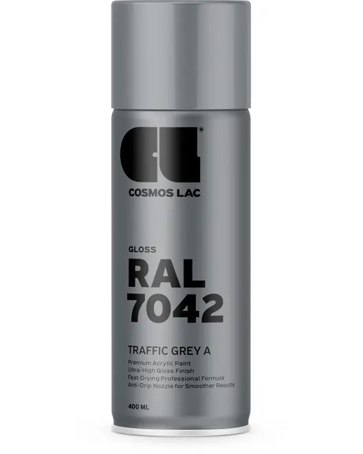 Blank spraymaling, 400 ml, i RAL 7042 Traffic Grey A. Ultra-højglans finish, hurtigtørrende akrylformel og anti-dryp dyse for jævn påføring.