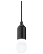 Svart pendellampa med flätad sladd och blank cylindrisk hållare, med en vit glödlampa hängande nedanför.