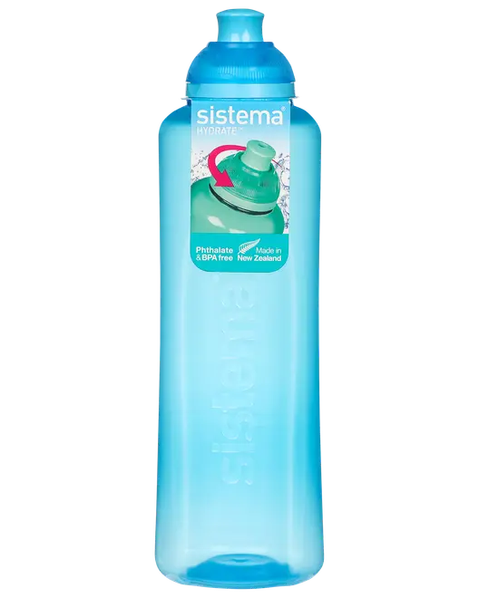 Gennemsigtig blå plastikvandflaske med skruelåg, ergonomisk design og præget "sistema" logo. Fri for BPA og phthalater, fremstillet i New Zealand, ideel til hydrering på farten.