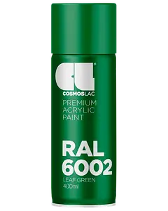 400 ml spraydåse med Cosmoslac premium akrylmaling, RAL 6002 bladgrøn. Blank grøn finish, egnet til forskellige overflader, tydelig hvid tekst på forsiden.