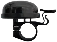 Sort cykelklokke med rund kuppel, tommelfingerarm og justerbar klemme til montering på styret. Fremstillet af metal og plast, passer til de fleste cykelstyr.