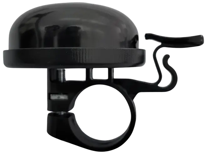 Sort cykelklokke med rund kuppel, tommelfingerarm og justerbar klemme til montering på styret. Fremstillet af metal og plast, passer til de fleste cykelstyr.