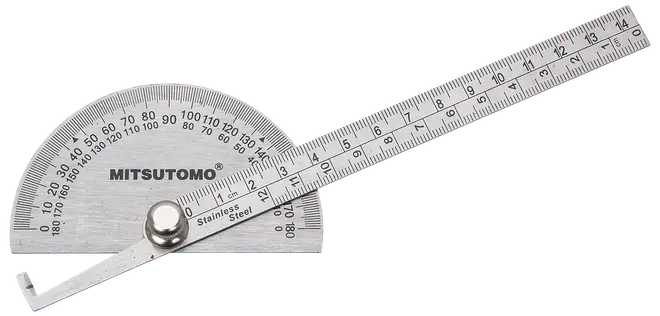 Vinkelmåler i rustfrit stål med drejelig arm og lineal, markeret i grader og centimeter. Bruges til præcis måling og tegning af vinkler. Mærke: Mitsutomo.