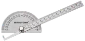 Vinkelmåler i rustfrit stål med drejelig arm og lineal, markeret i grader og centimeter. Bruges til præcis måling og tegning af vinkler. Mærke: Mitsutomo.