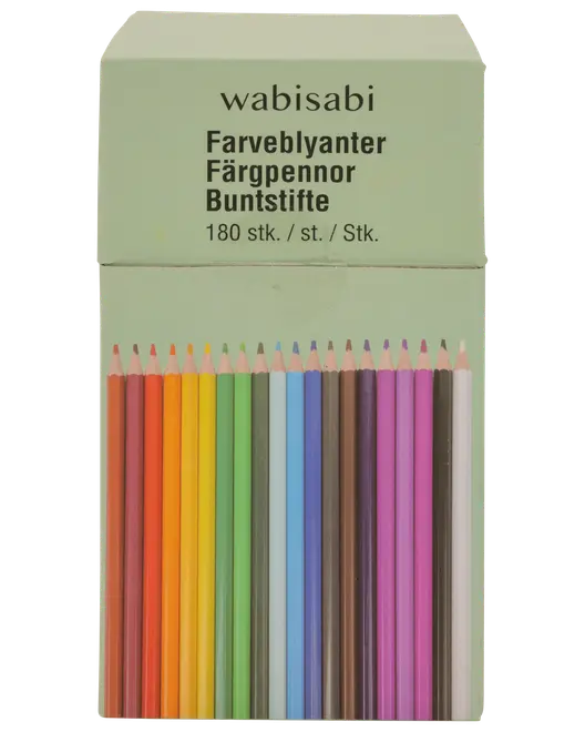 Æske med 180 farveblyanter i forskellige klare farver, pænt arrangeret i papæske. Perfekt til tegning, farvelægning og kreative projekter. Mærke: wabisabi.