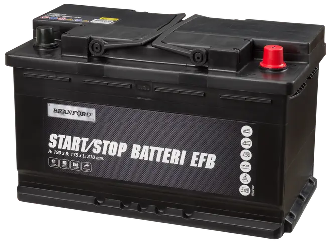 Sort Branford Start/Stop EFB bilbatteri, rektangulær form, mærket med dimensioner 190x175x310 mm, to poler, egnet til biler med start/stop-teknologi.