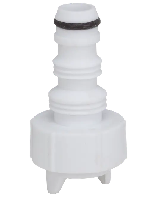 Vit slangkoppling i plast med gängad bas och O-ring, utformad för säker anslutning till kompatibla kopplingar. Passar för vätsketransport i hem eller industri.