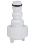 Vit slangkoppling i plast med gängad bas och O-ring, utformad för säker anslutning till kompatibla kopplingar. Passar för vätsketransport i hem eller industri.