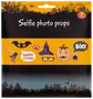 Set med 9 Halloween-selfie-fotoprops, inklusive fladdermus, häxhatt, pumpa, vampyrmun, yxa, glasögon och pratbubblor. Färgglada motiv för festbilder.