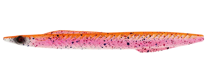 Pink og orange plettet fiskelokke i blødt materiale med sort øje og slank, tilspidset krop formet som en lille fisk.