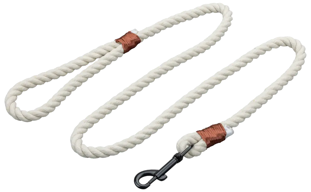 Hvid snoet bomuldshundeline med brune trådviklede ender og sort metalkrog til fastgørelse i halsbånd. Holdbar, komfortabelt greb, velegnet til daglige gåture.