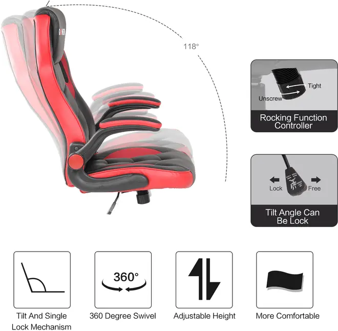 Ergonomisk kontorsstol med röd och svart stoppning, justerbar lutning upp till 118°, gungfunktion, 360° rotation, justerbar höjd och vadderade armstöd för extra komfort.