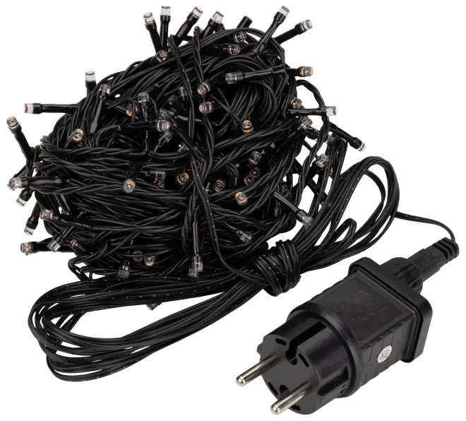 Svart ljusslinga med små klara LED-lampor och europeisk kontakt. Passar för inomhus- eller utomhusdekoration. Lång, flexibel kabel medföljer.