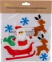 Vinduesklistermærker med julemotiver: julemand i rød slæde, to brune rensdyr, blå snefnug og grøn sæk. Lavet af farverigt gelmateriale, perfekt til juledekoration.