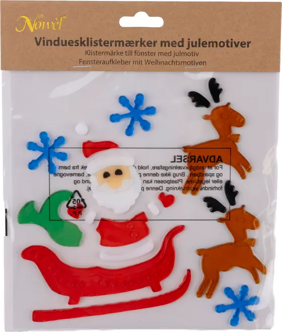 Vinduesklistermærker med julemotiver: julemand i rød slæde, to brune rensdyr, blå snefnug og grøn sæk. Lavet af farverigt gelmateriale, perfekt til juledekoration.