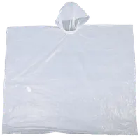 Transparent engångsregnponcho i lätt plast med huva och bred täckning. One-size-fits-most, perfekt för utomhusaktiviteter och nödsituationer.