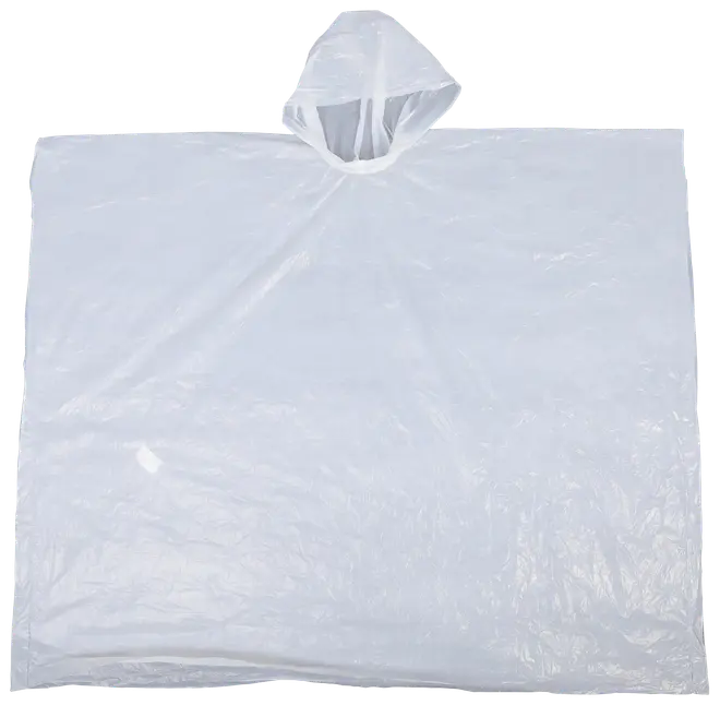 Transparent engangsregnponcho af let plast med hætte og bred dækning. One-size-fits-most design, ideel til udendørs aktiviteter og nødsituationer.