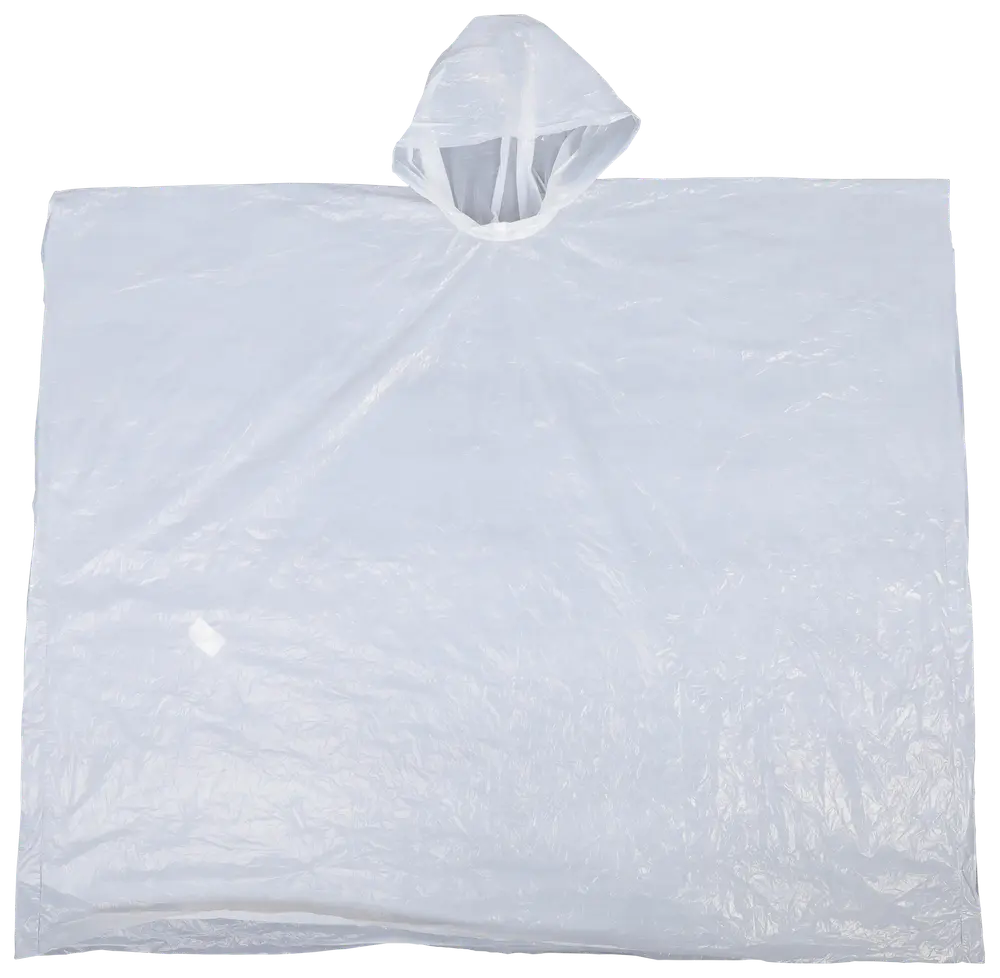 Transparent engångsregnponcho i lätt plast med huva och bred täckning. One-size-fits-most, perfekt för utomhusaktiviteter och nödsituationer.