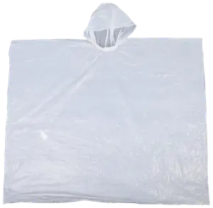 Transparent engångsregnponcho i lätt plast med huva och bred täckning. One-size-fits-most, perfekt för utomhusaktiviteter och nödsituationer.