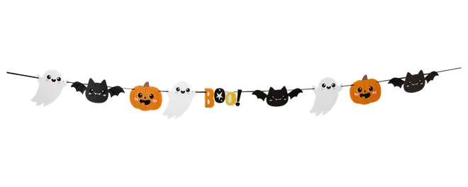 Halloween-girlang med spöken, fladdermöss, pumpor och BOO-dekorationer på svart upphängningssnöre.
