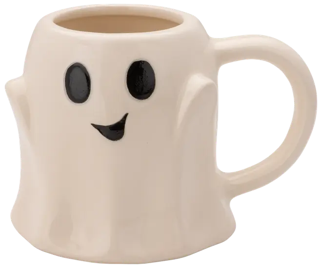 Keramikkopp formad som ett gulligt spöke med svarta ovala ögon och leende mun. Gräddvit färg, stort handtag, lekfull design, perfekt för Halloween.