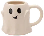 Keramikkopp formad som ett gulligt spöke med svarta ovala ögon och leende mun. Gräddvit färg, stort handtag, lekfull design, perfekt för Halloween.