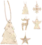 Set med sex juldekorationer i guldfärgad, texturerad metall: gran, snöflinga, ren, ängel och stjärna, alla med snöre för upphängning, perfekt för julpynt.